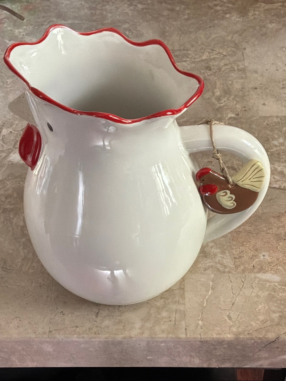 Mudpie Ceramic White Pitcher with Red Trim and Rooster Accent